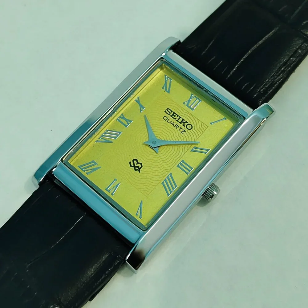 New Stock - SEIKO TANK SLIM Quartz Roman Yellow Dial Unisex Japanese Wristwatch